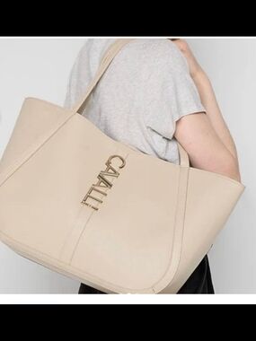 Cavalli Class Cream Leather Tote with Gold Logo